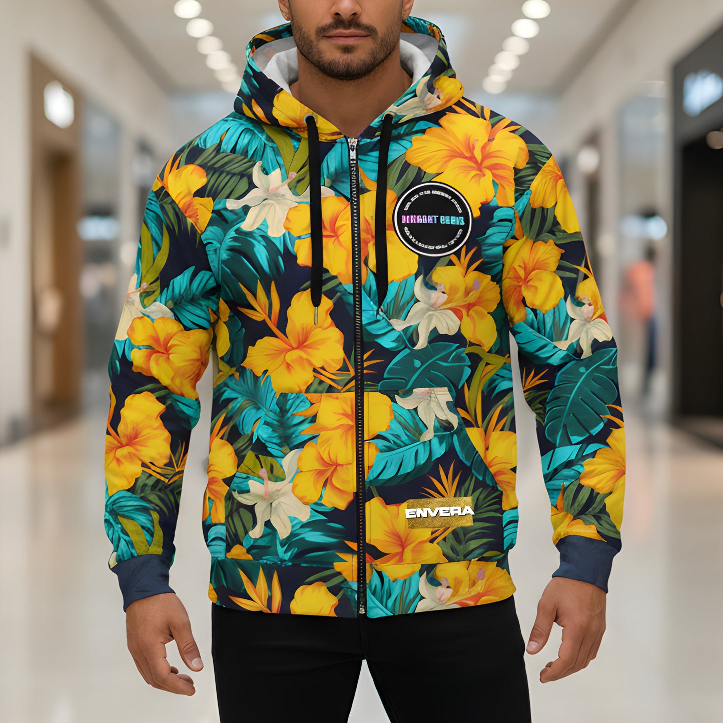 VIBRANT REBEL Tropical floral streetwear zip hoodie, vibrant all-over print, eye-catching design, standout fashion | Trendy design