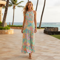 Psychedelic Floral Maxi Dress in Turquoise, Lavender & Pink | Retro 60s 70s Halter Dress | Boho Summer Dress