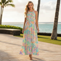 Psychedelic Floral Maxi Dress in Turquoise, Lavender & Pink | Retro 60s 70s Halter Dress | Boho Summer Dress