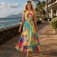 Colorful psychedelic paisley maxi dress with turquoise yellow pink and orange print halter neckline and ruffle hem
