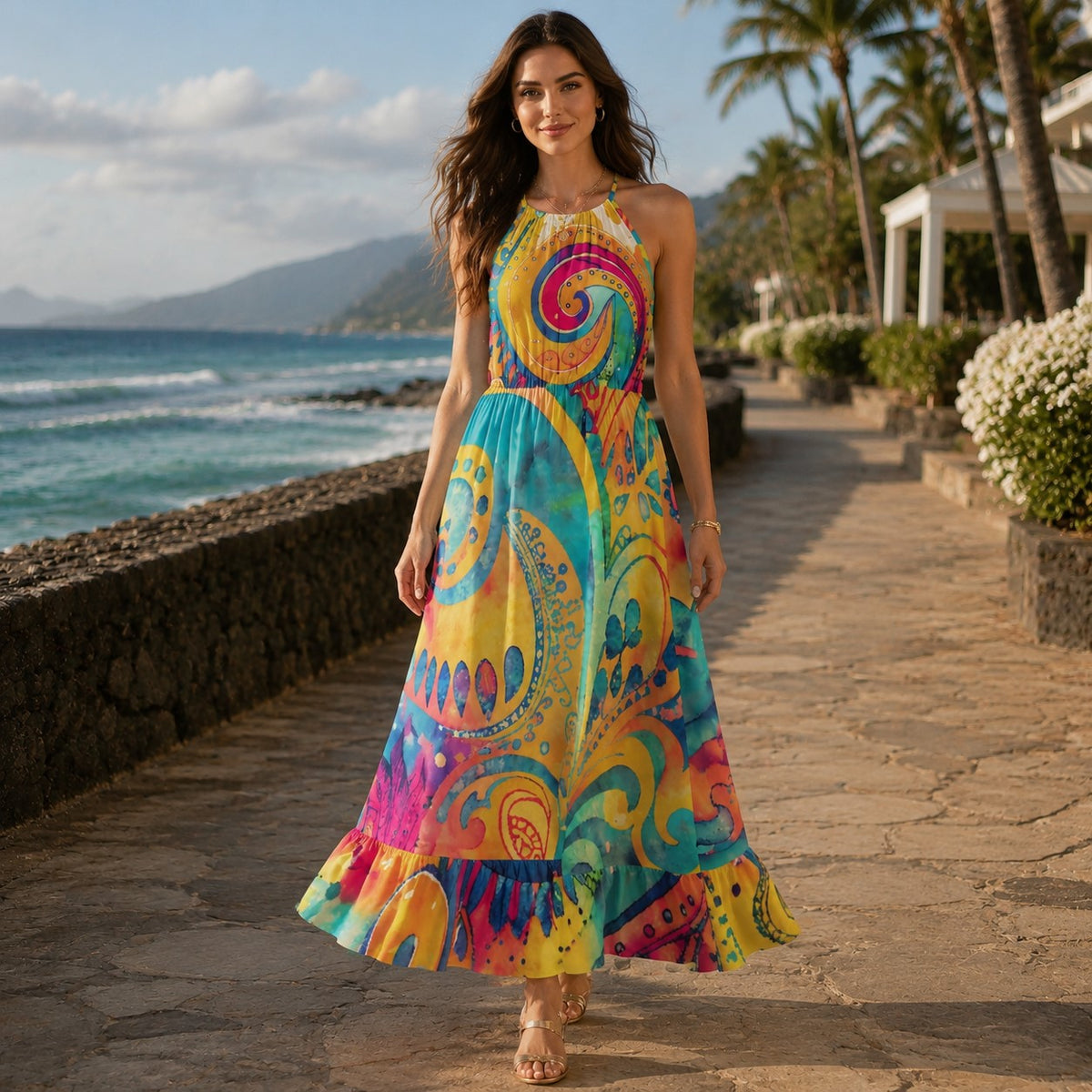 Colorful psychedelic paisley maxi dress with turquoise yellow pink and orange print halter neckline and ruffle hem