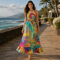 Colorful psychedelic paisley maxi dress with turquoise yellow pink and orange print halter neckline and ruffle hem