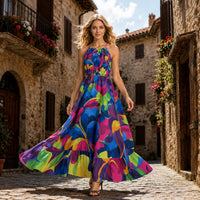 Vibrant Painterly Floral Halter Maxi Dress | Luxe Resort Maxi Dress with Flowing Silhouette & Statement Botanical Print