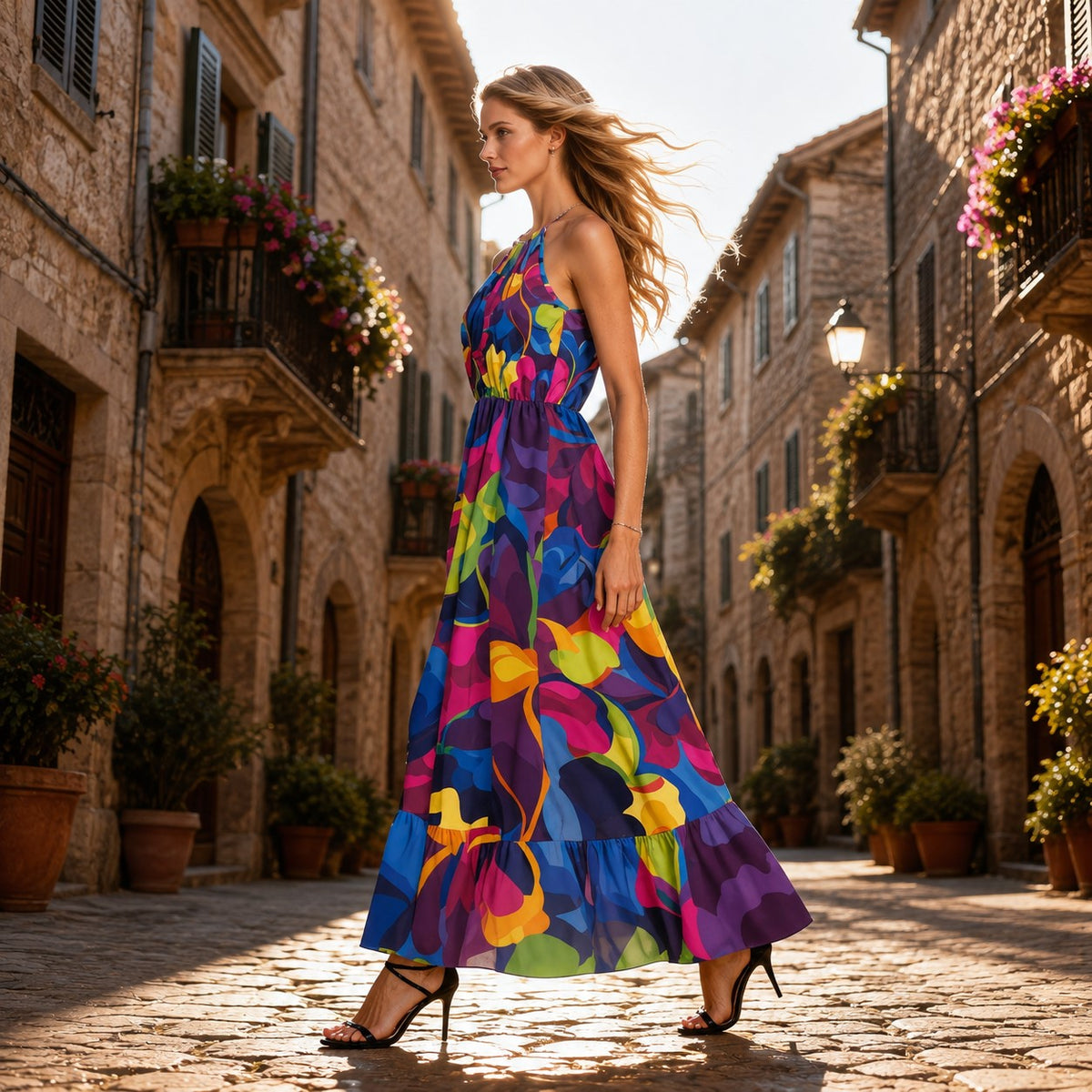 Vibrant Painterly Floral Halter Maxi Dress | Luxe Resort Maxi Dress with Flowing Silhouette & Statement Botanical Print
