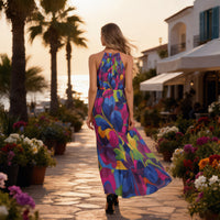 Vibrant Painterly Floral Halter Maxi Dress | Luxe Resort Maxi Dress with Flowing Silhouette & Statement Botanical Print