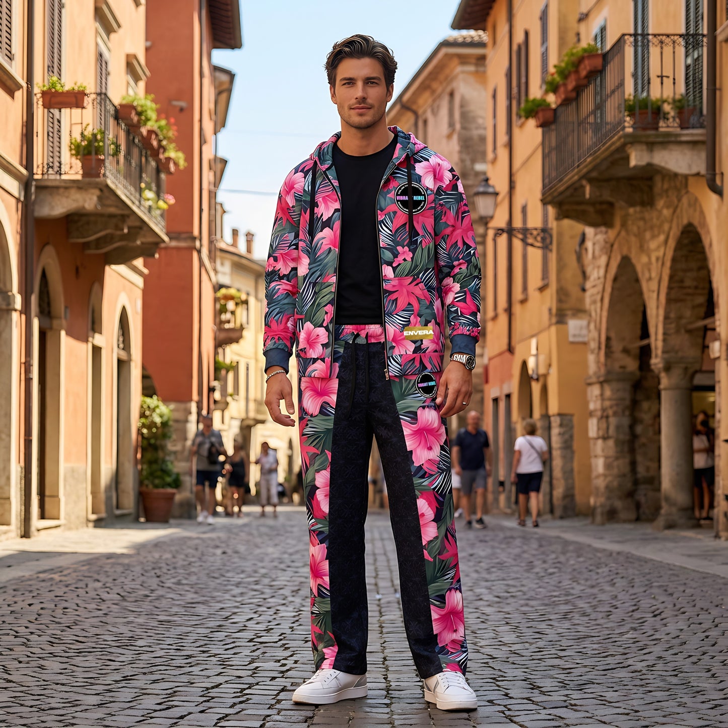 VIBRANT REBEL Tropical floral streetwear Wide-leg joggers, vibrant all-over print, eye-catching design, standout fashion | Trendy design