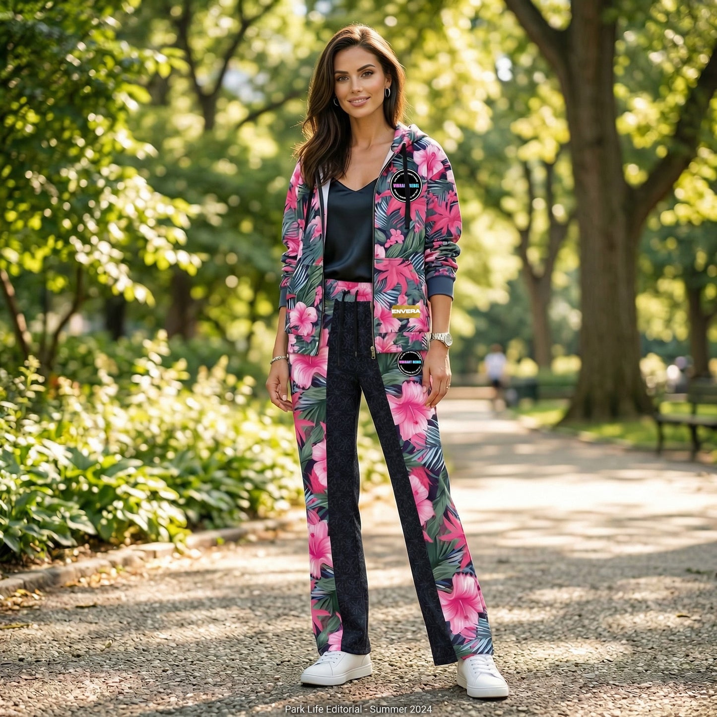VIBRANT REBEL Tropical floral streetwear Wide-leg joggers, vibrant all-over print, eye-catching design, standout fashion | Trendy design