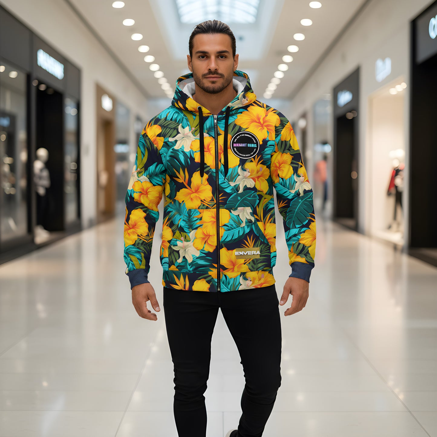VIBRANT REBEL Tropical floral streetwear zip hoodie, vibrant all-over print, eye-catching design, standout fashion | Trendy design