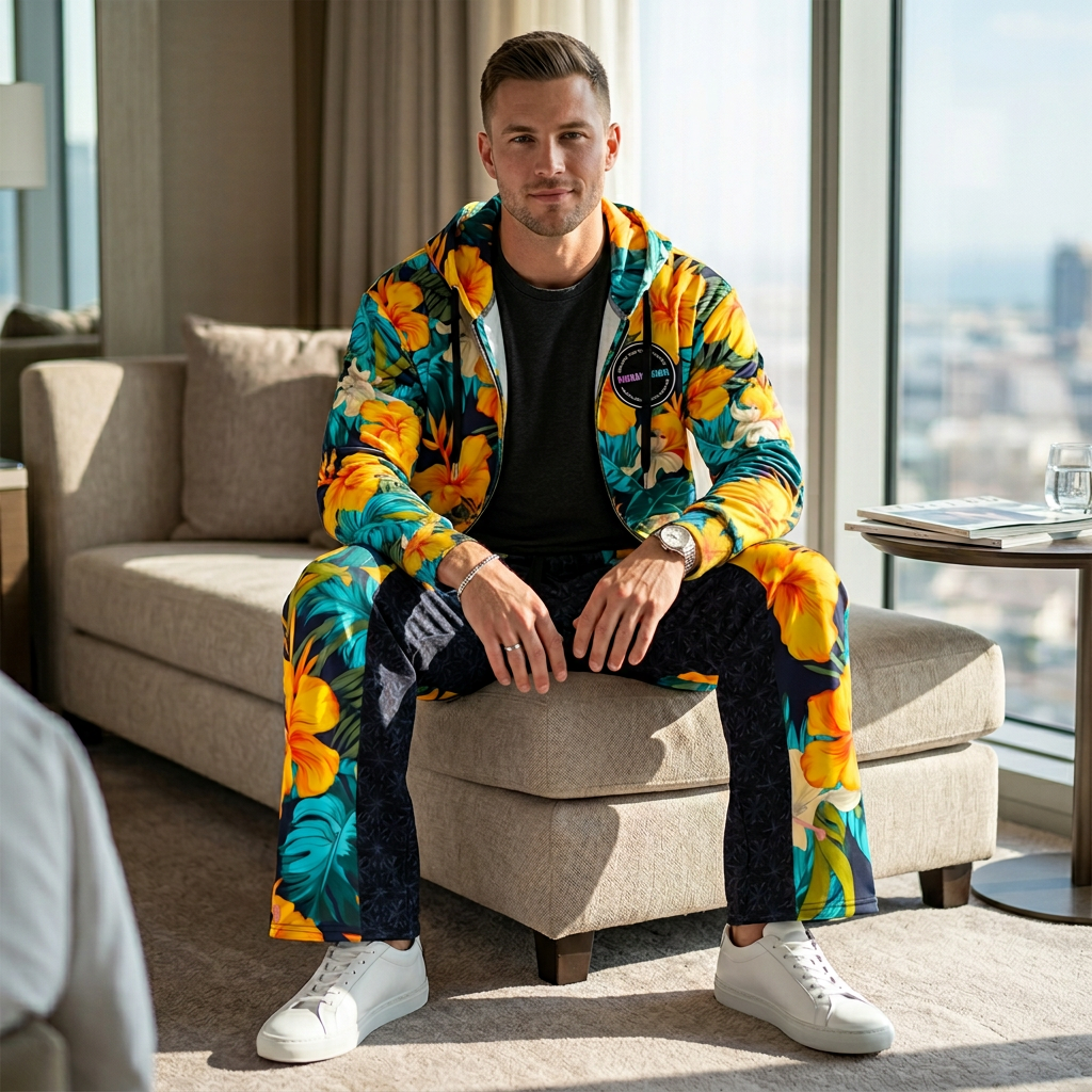 VIBRANT REBEL Tropical floral streetwear zip hoodie, vibrant all-over print, eye-catching design, standout fashion | Trendy design