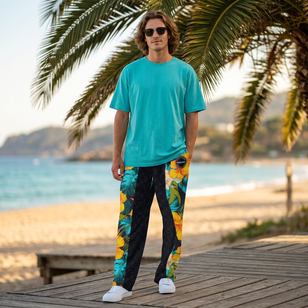 VIBRANT REBEL Tropical floral streetwear Wide-leg joggers, vibrant all-over print, eye-catching design, standout fashion | Trendy design