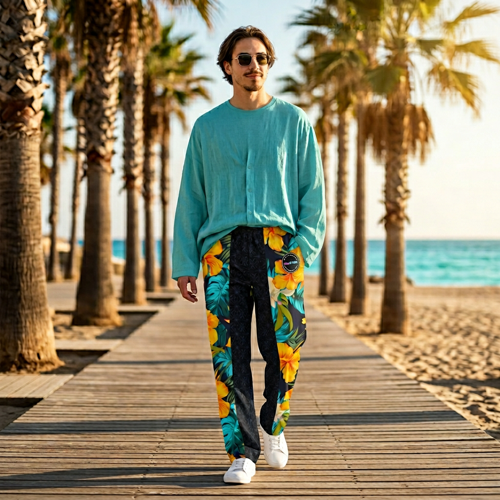 VIBRANT REBEL Tropical floral streetwear Wide-leg joggers, vibrant all-over print, eye-catching design, standout fashion | Trendy design