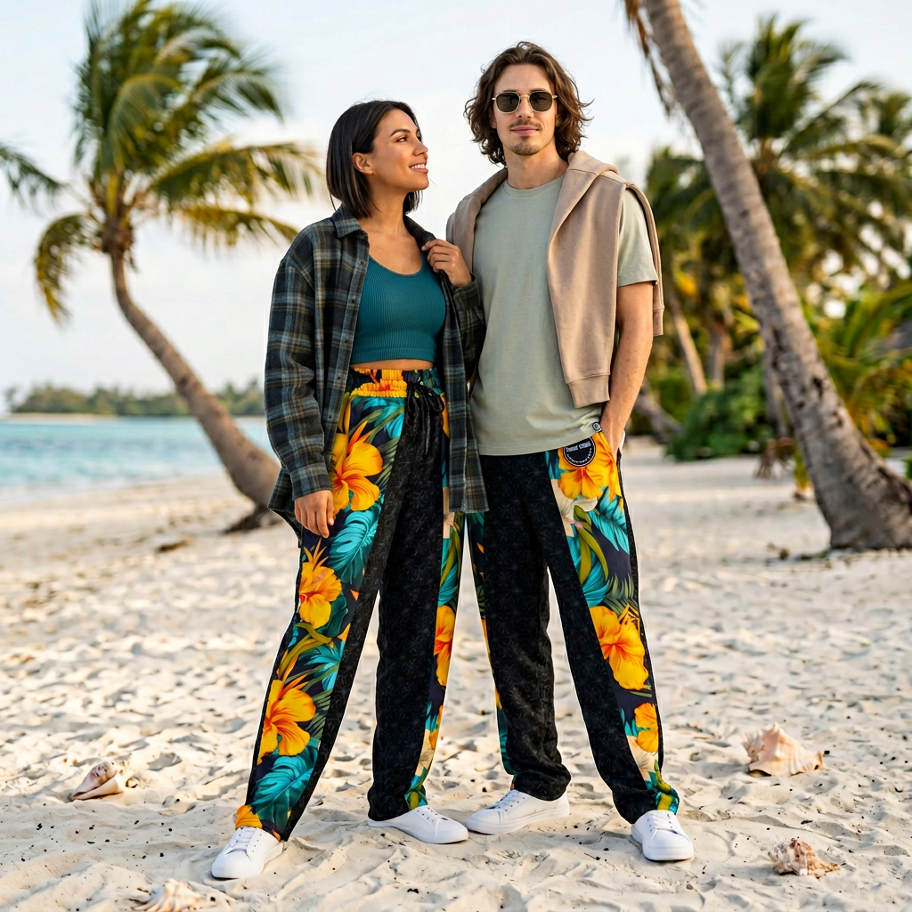 VIBRANT REBEL Tropical floral streetwear Wide-leg joggers, vibrant all-over print, eye-catching design, standout fashion | Trendy design