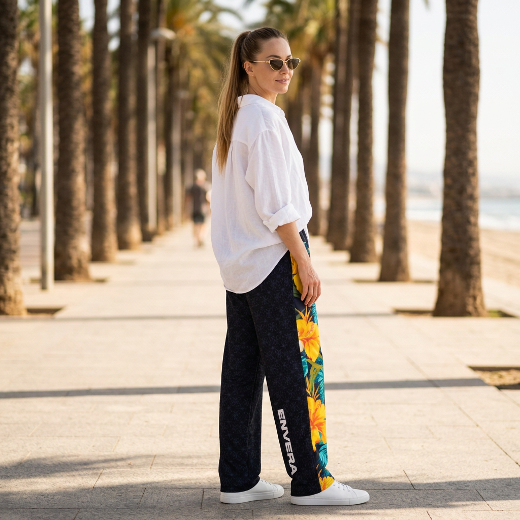VIBRANT REBEL Tropical floral streetwear Wide-leg joggers, vibrant all-over print, eye-catching design, standout fashion | Trendy design