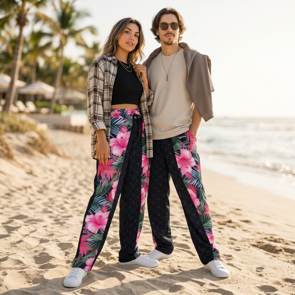 VIBRANT REBEL Tropical floral streetwear Wide-leg joggers, vibrant all-over print, eye-catching design, standout fashion | Trendy design