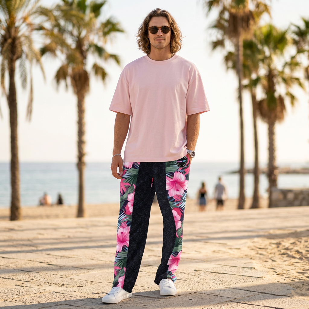 VIBRANT REBEL Tropical floral streetwear Wide-leg joggers, vibrant all-over print, eye-catching design, standout fashion | Trendy design