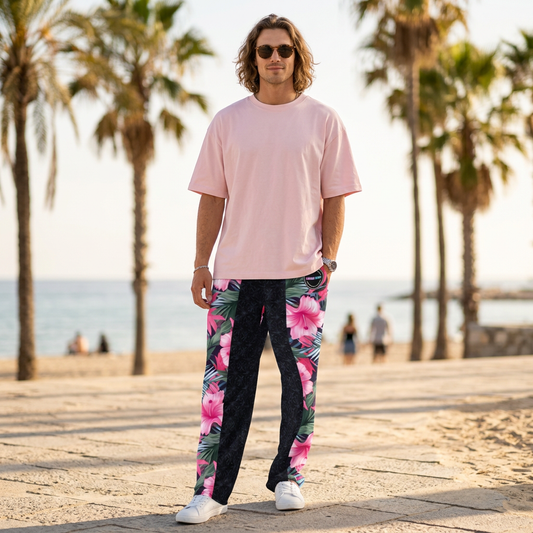 VIBRANT REBEL Tropical floral streetwear Wide-leg joggers, vibrant all-over print, eye-catching design, standout fashion | Trendy design