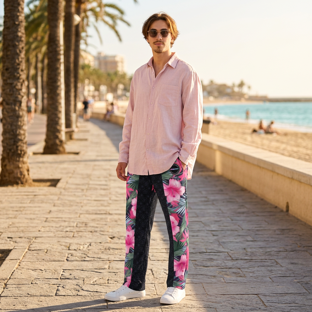 VIBRANT REBEL Tropical floral streetwear Wide-leg joggers, vibrant all-over print, eye-catching design, standout fashion | Trendy design