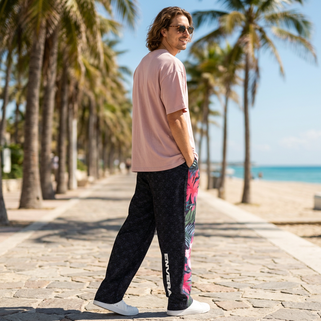 VIBRANT REBEL Tropical floral streetwear Wide-leg joggers, vibrant all-over print, eye-catching design, standout fashion | Trendy design