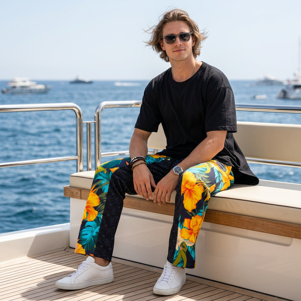 VIBRANT REBEL Tropical floral streetwear Wide-leg joggers, vibrant all-over print, eye-catching design, standout fashion | Trendy design