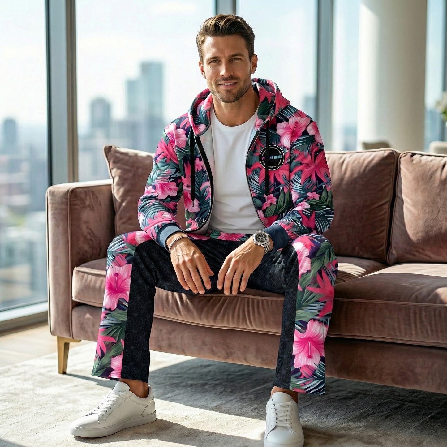 VIBRANT REBEL Tropical floral streetwear zip hoodie, vibrant all-over print, eye-catching design, standout fashion | Trendy design