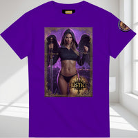 Justice Angel graphic T-shirt featuring a female winged angel with sword and scales, heavyweight unisex streetwear tee with bold gothic artwork