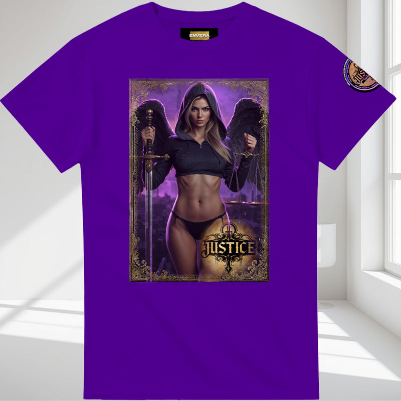 Justice Angel graphic T-shirt featuring a female winged angel with sword and scales, heavyweight unisex streetwear tee with bold gothic artwork