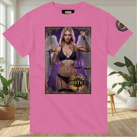 Justice Angel heavyweight unisex streetwear T-shirt featuring a powerful female winged angel holding a sword and balanced scales in a bold graphic design