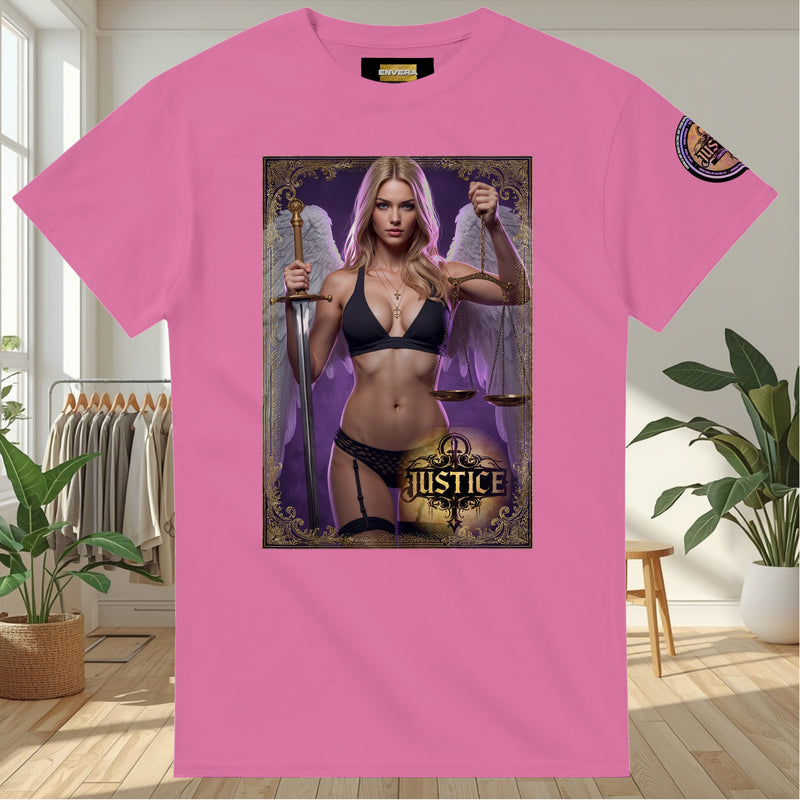 Justice Angel heavyweight unisex streetwear T-shirt featuring a powerful female winged angel holding a sword and balanced scales in a bold graphic design