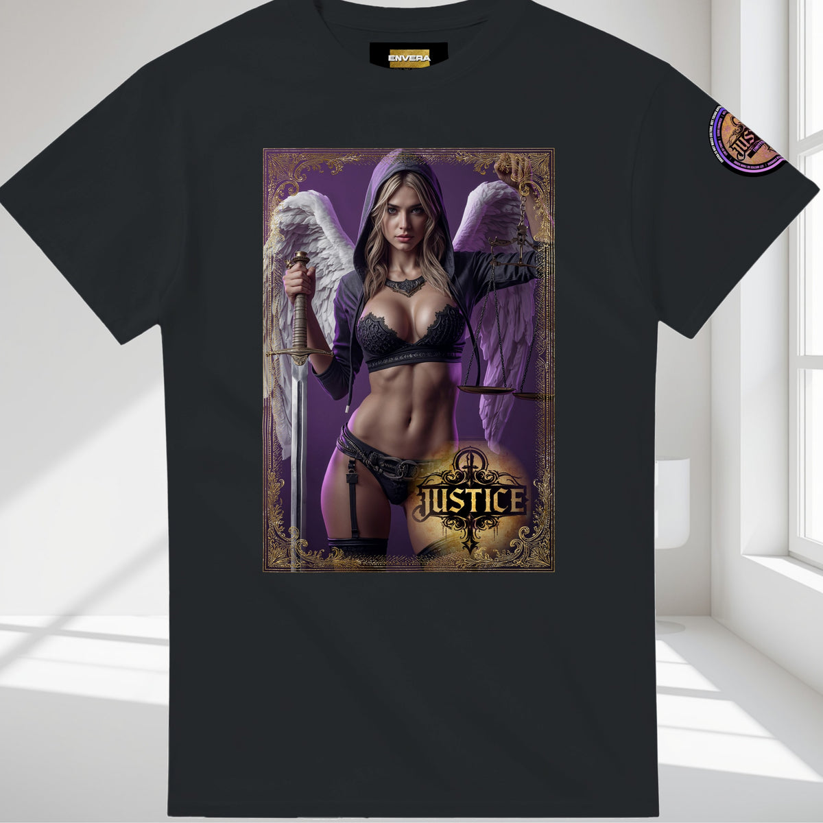 Justice Angel heavyweight unisex streetwear T-shirt featuring a powerful female winged angel holding a sword and balanced scales in a bold graphic design