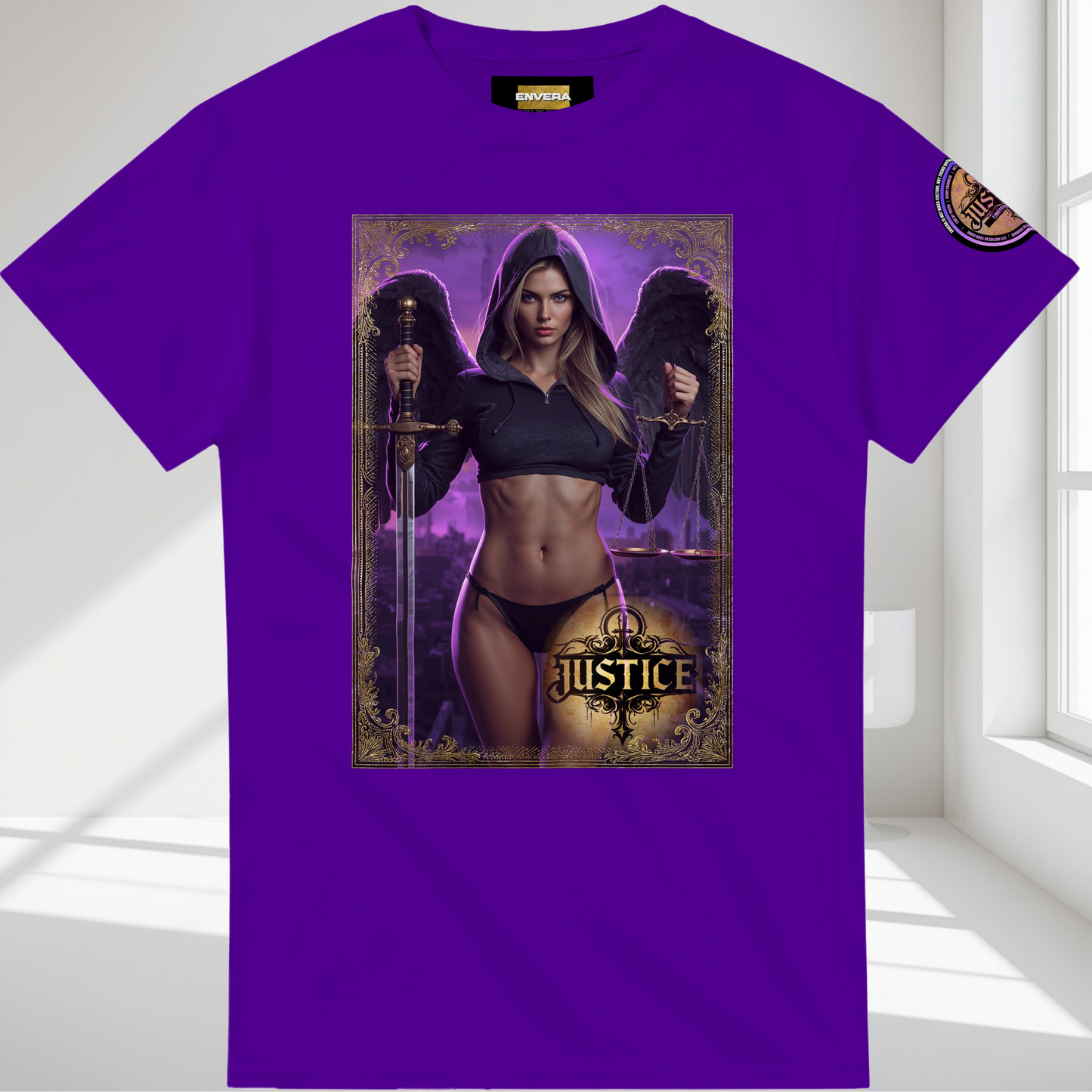 Justice Angel T-Shirt | Heavyweight unisex streetwear tee featuring sword and scales design. Bold statement piece.