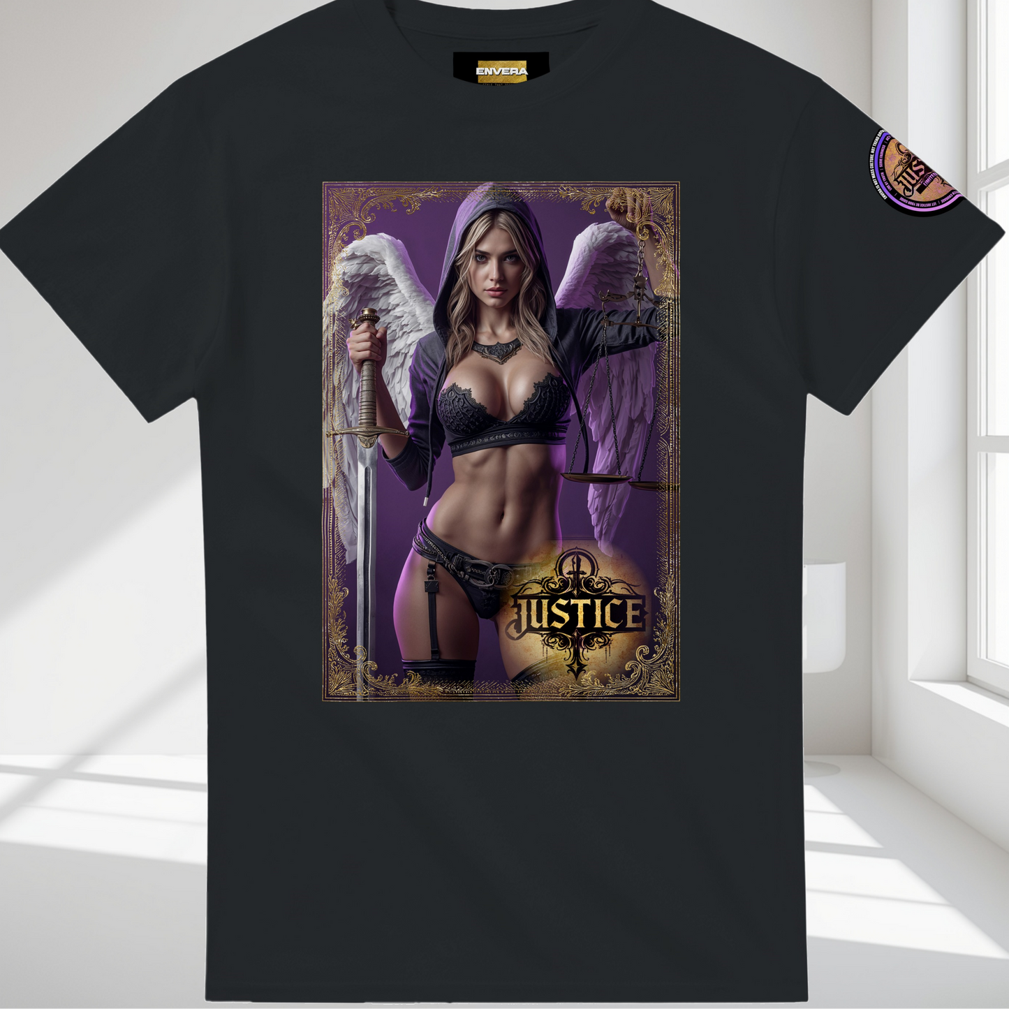 Justice Angel T-Shirt | Heavyweight unisex streetwear tee featuring sword and scales design. Bold statement piece.