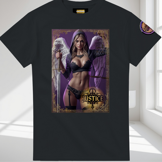 Justice Angel T-Shirt | Heavyweight unisex streetwear tee featuring sword and scales design. Bold statement piece.