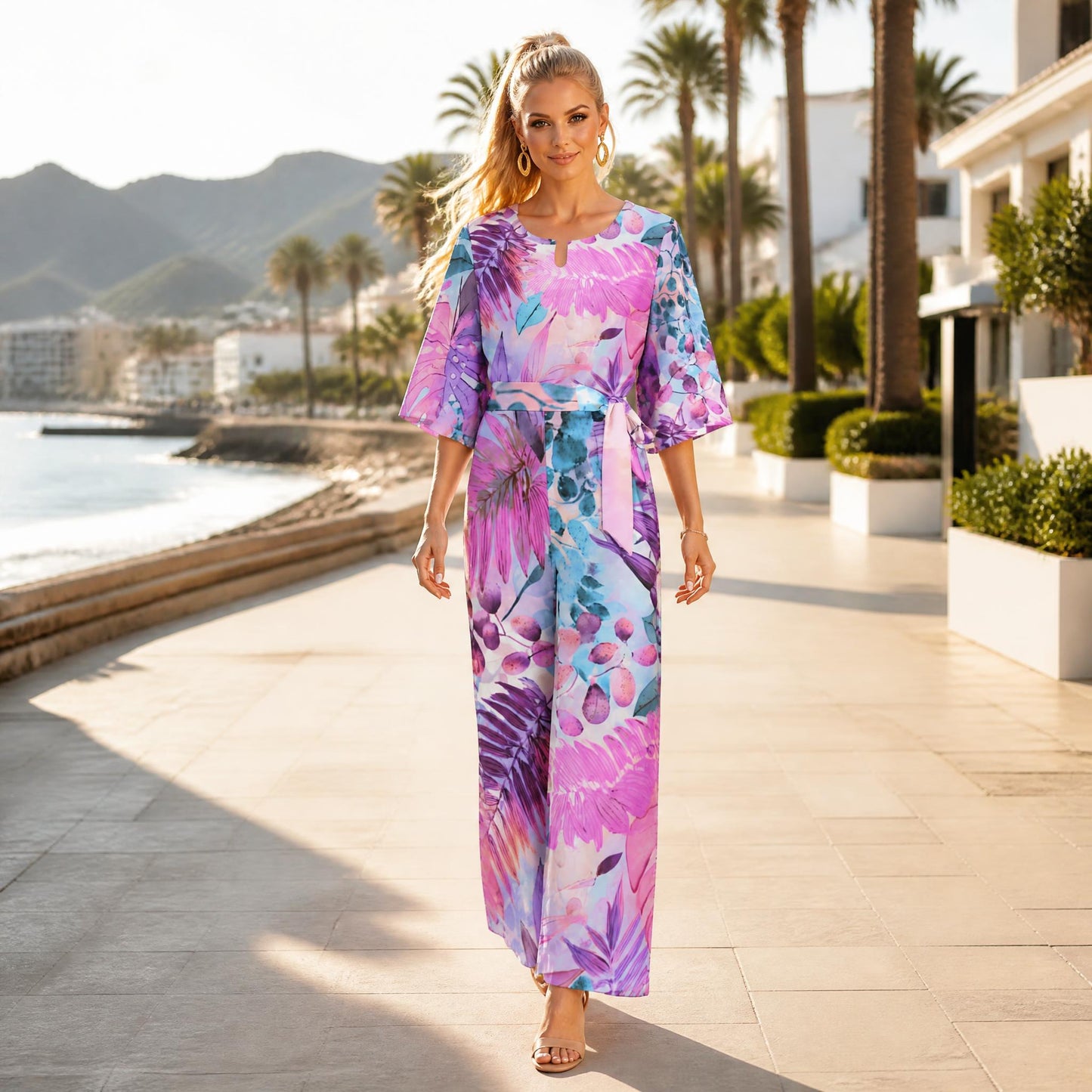 Vibrant Tropical Chic Jumpsuit – Bold Color Block & Botanical Print | Wide Leg, Relaxed Fit | Retro-Inspired Summer Style