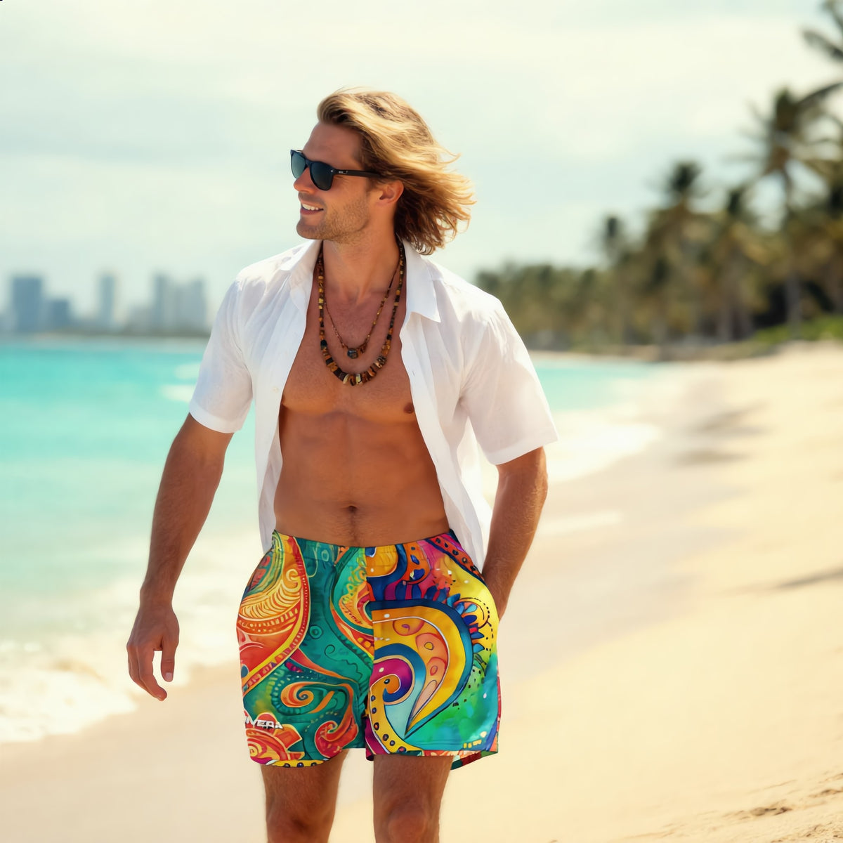 Psychedelic Sports Shorts – Long Colorful Gym & Swim Shorts with Abstract Swirl Print