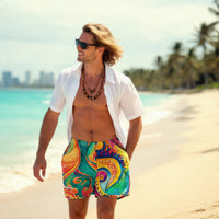 Psychedelic Sports Shorts – Long Colorful Gym & Swim Shorts with Abstract Swirl Print