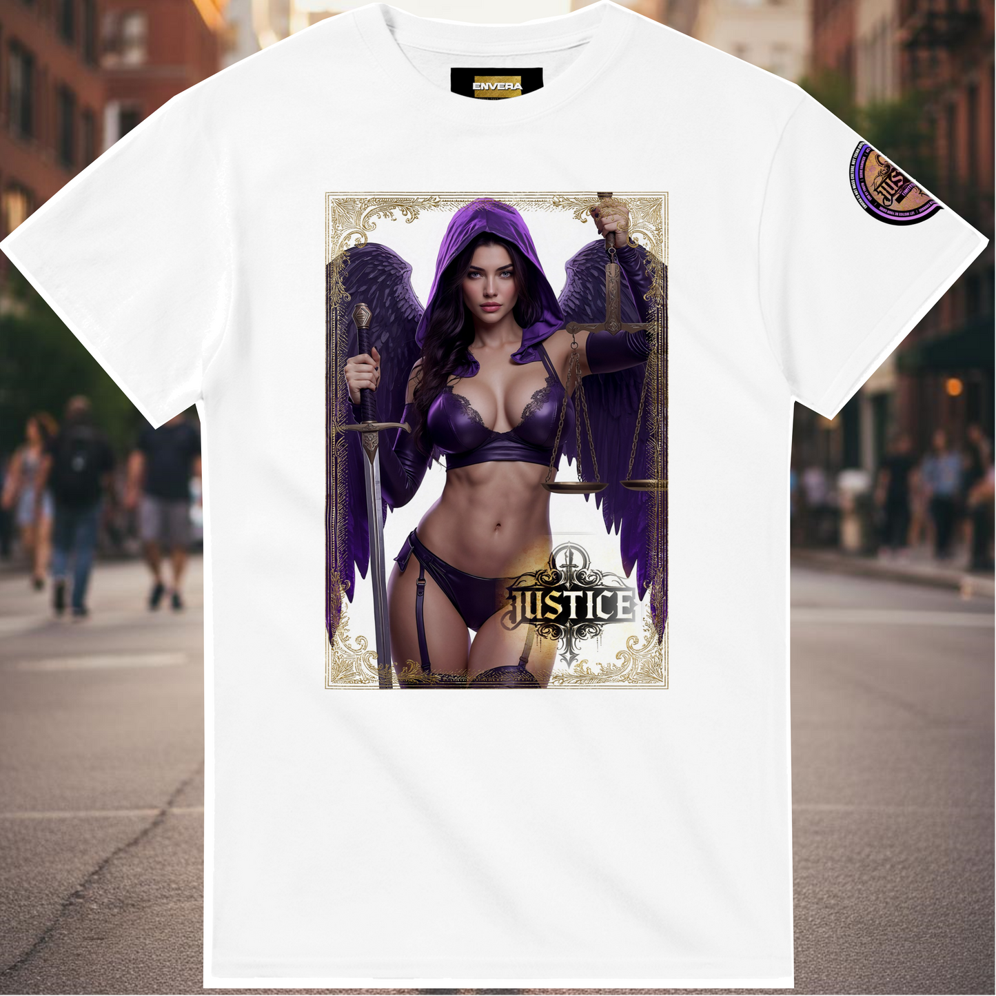 Justice Angel T-Shirt | Heavyweight unisex streetwear tee featuring sword and scales design. Bold statement piece.