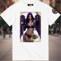 Justice Angel heavyweight unisex streetwear T-shirt featuring a powerful female winged angel holding a sword and balanced scales in a bold graphic design