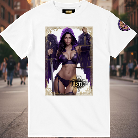 Justice Angel T-Shirt | Heavyweight unisex streetwear tee featuring sword and scales design. Bold statement piece.