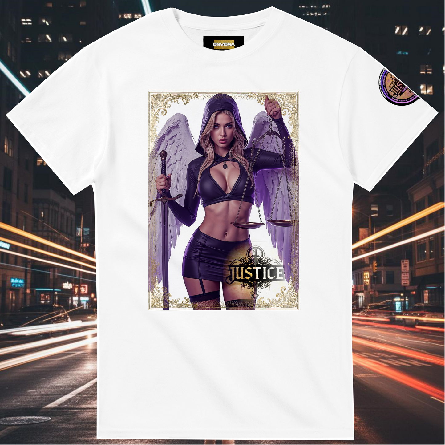Justice Angel T-Shirt | Heavyweight unisex streetwear tee featuring sword and scales design. Bold statement piece.
