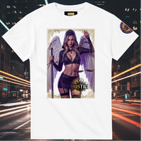 Justice Angel heavyweight unisex streetwear T-shirt featuring a powerful female winged angel holding a sword and balanced scales in a bold graphic design
