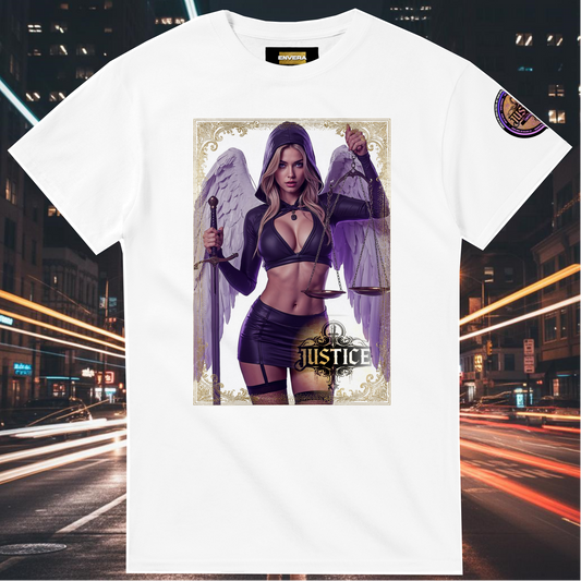 Justice Angel T-Shirt | Heavyweight unisex streetwear tee featuring sword and scales design. Bold statement piece.