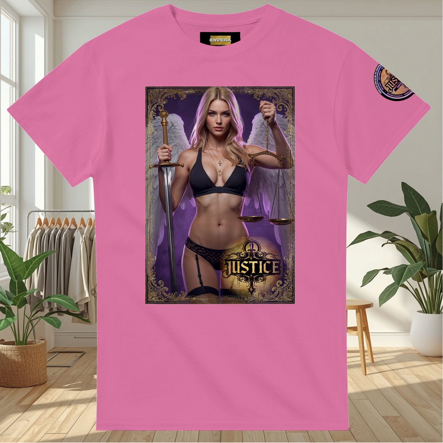 Justice Angel T-Shirt | Heavyweight unisex streetwear tee featuring sword and scales design. Bold statement piece.