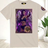 Justice Angel heavyweight unisex streetwear T-shirt featuring a powerful female winged angel holding a sword and balanced scales in a bold graphic design