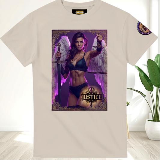 Justice Angel T-Shirt | Heavyweight unisex tee featuring ethereal angel wings cradling a sword and the scales of justice
