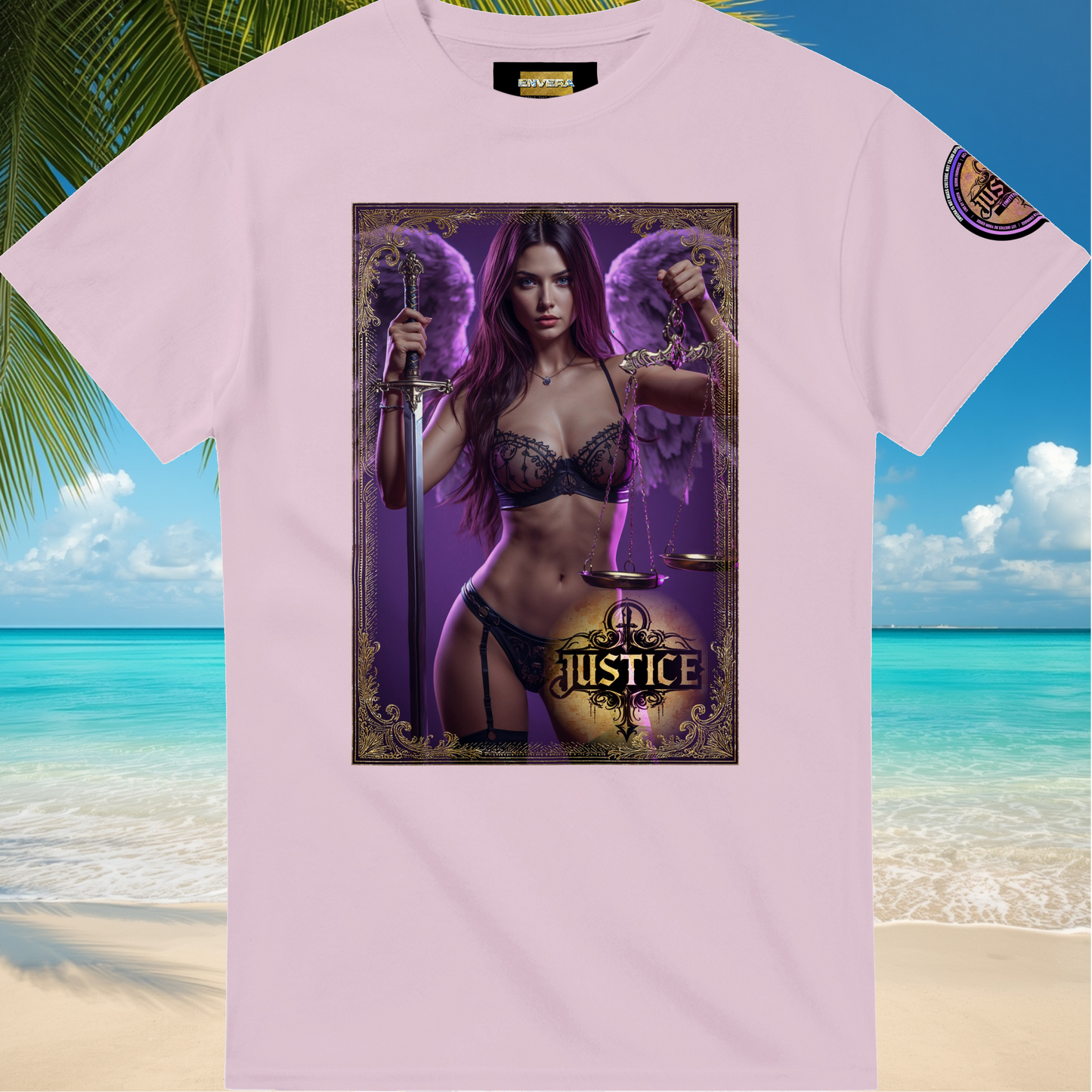 Justice Angel T-Shirt | Heavyweight unisex streetwear tee featuring sword and scales design. Bold statement piece.