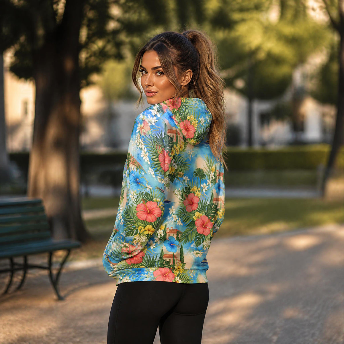 Tropical Resort Unisex Zip Hoodie, Mediterranean Vacation Hoodie, Floral Beach Hoodie, Luxury Coastal Streetwear, all-over tropical print