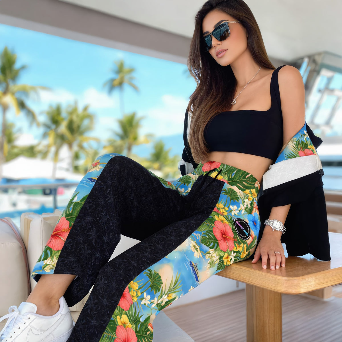 Tropical Resort Unisex Wide-Leg Joggers, Mediterranean Vacation Pants, Floral Beach Joggers, Luxury Coastal Streetwear