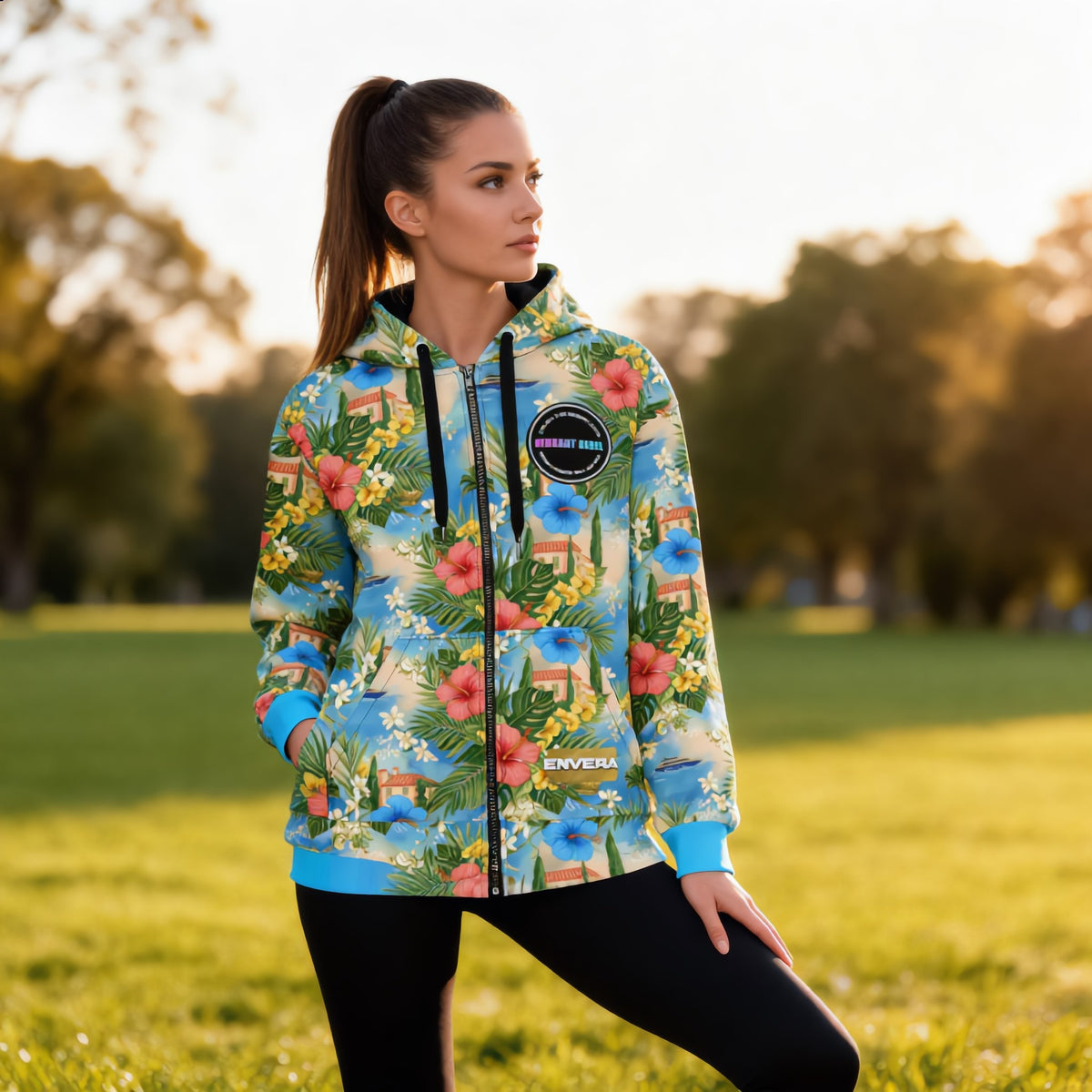 Tropical Resort Unisex Zip Hoodie, Mediterranean Vacation Hoodie, Floral Beach Hoodie, Luxury Coastal Streetwear, all-over tropical print