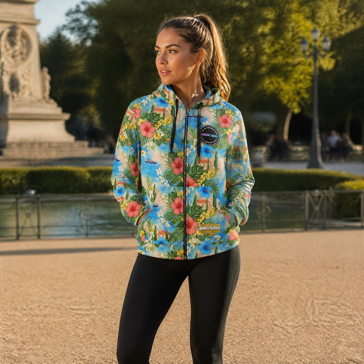 Tropical Resort Unisex Zip Hoodie, Mediterranean Vacation Hoodie, Floral Beach Hoodie, Luxury Coastal Streetwear, all-over tropical print