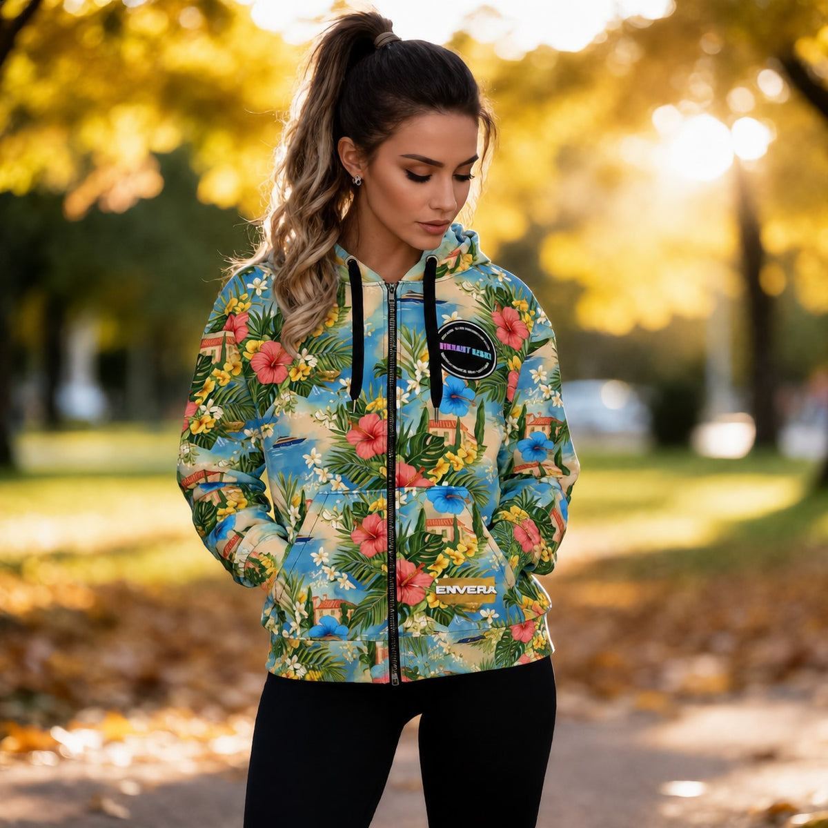 Tropical Resort Unisex Zip Hoodie, Mediterranean Vacation Hoodie, Floral Beach Hoodie, Luxury Coastal Streetwear, all-over tropical print